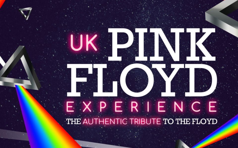 Promotional image for the UK Pink Floyd Experience with text saying the name of the show and the tagline: the authentic tribute to the Floyd. The text is surrounded by loads of mini prisms refracting light in an ode to the Darkside Of The Moon album cover.