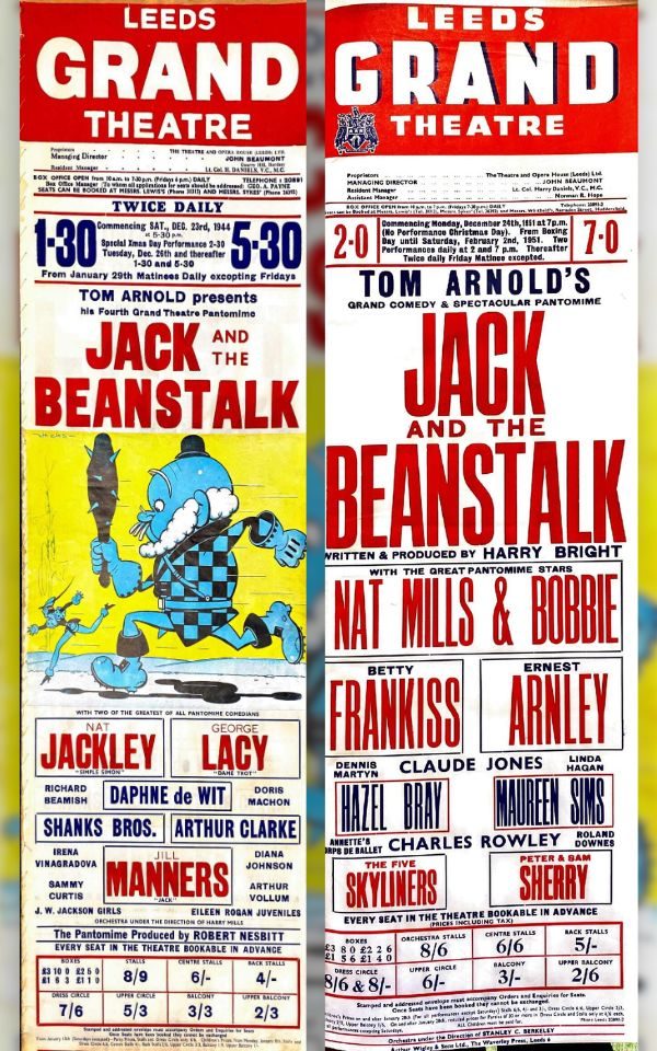 Posters for Jack and the Beanstalk at Leeds Grand Theatre from 1944 and 1951