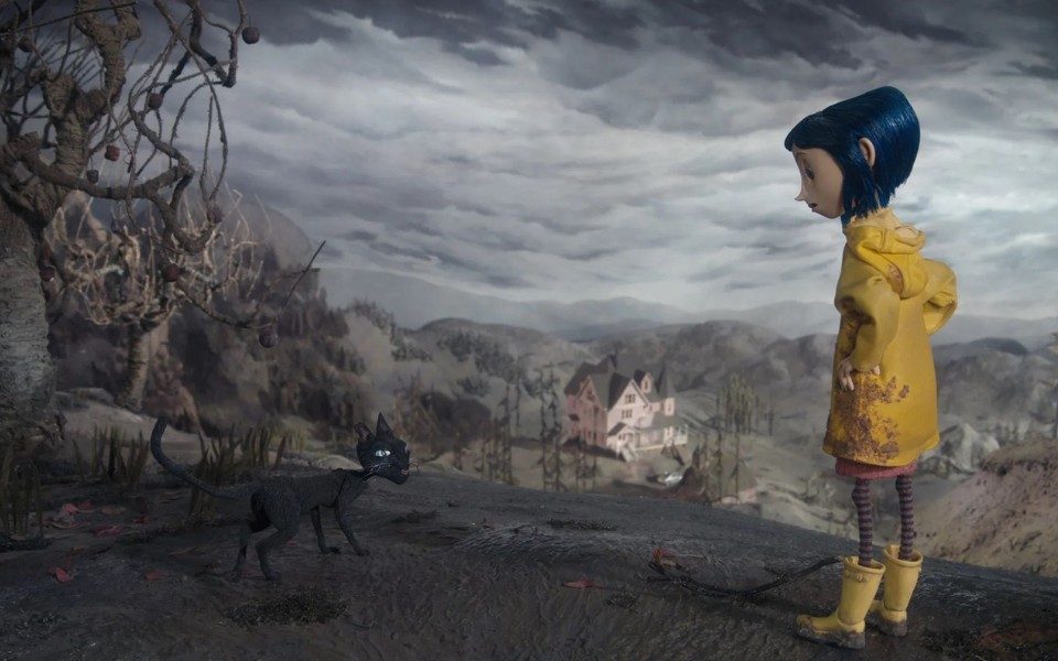 Stop-motion animated girl wearing a yellow raincoat looking at a black cat with a gloomy scene in the background featuring some trees and a house.