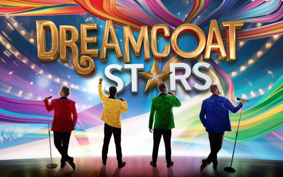 Four figures with their backs to the camera wearing red, yellow, green and blue jackets from left to right. The two on the outside have microphones on stands and the figures in the middle are holding them. Above the figures, swirling text reads Dreamcoat Stars on a multi-coloured backdrop.