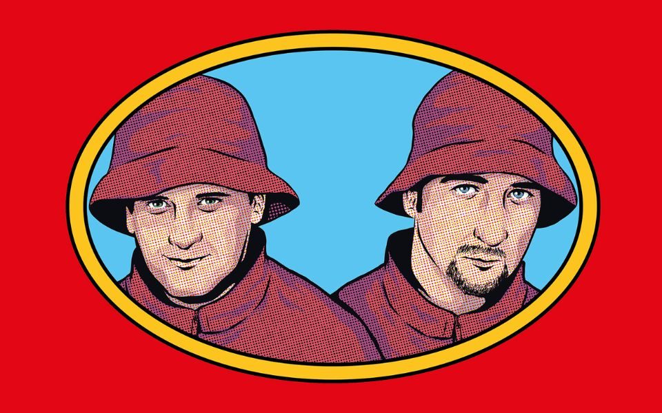 Cartoon image of the heads of Mark Radcliffe and Marc Riley both wearing red bucket hats and red jackets framed in an oval.