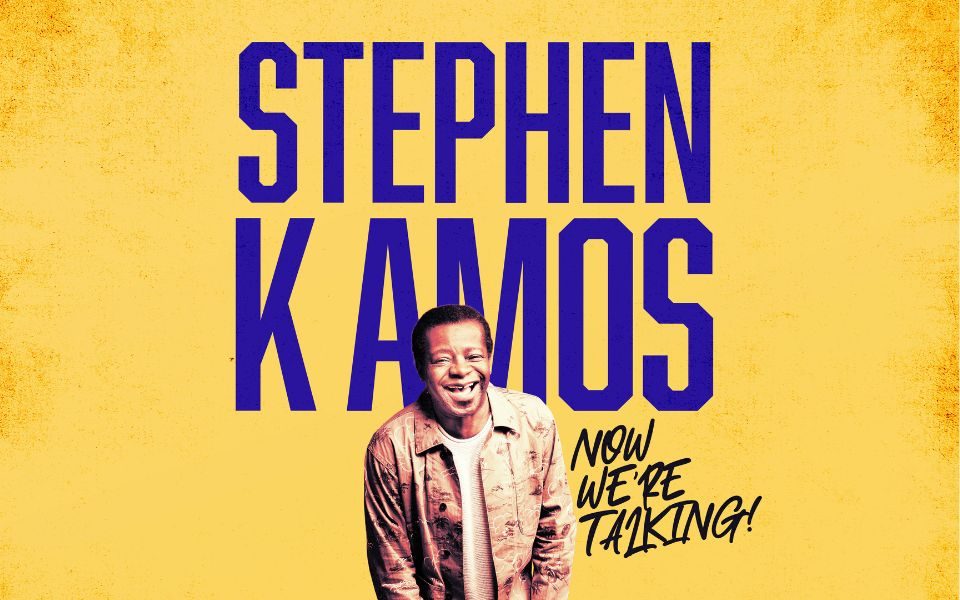 Image of Stephen K Amos wearing a brown jacket laughing with an illustration filter on. Text reads Stephen K Amos, Now We're Talking.