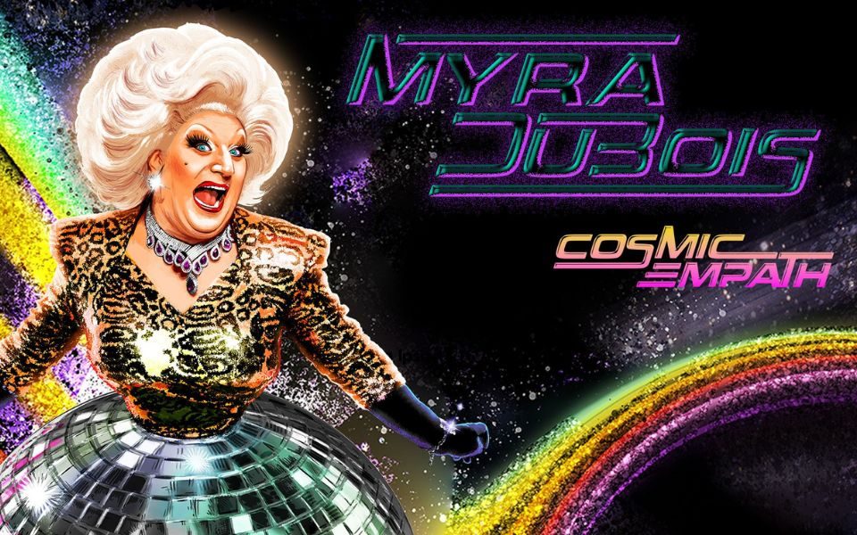 Illustrated image of Myra DuBois wearing a dress that's leopard print on the top and a disco ball on the bottom. In the background, there's a rainbow pattern that looks like it's in out of space. Text reads: Myra DuBois: Cosmic Empath