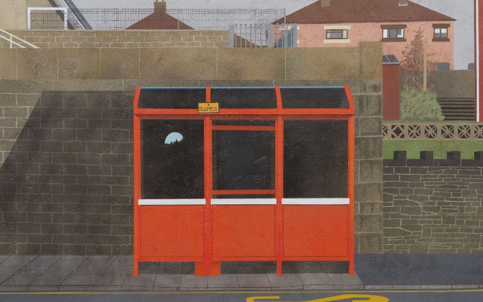 Image from Richard Dawson's album 'End of the Middle'. Illustration of a red bus stop shelter with a brick wall behind it and houses behind.