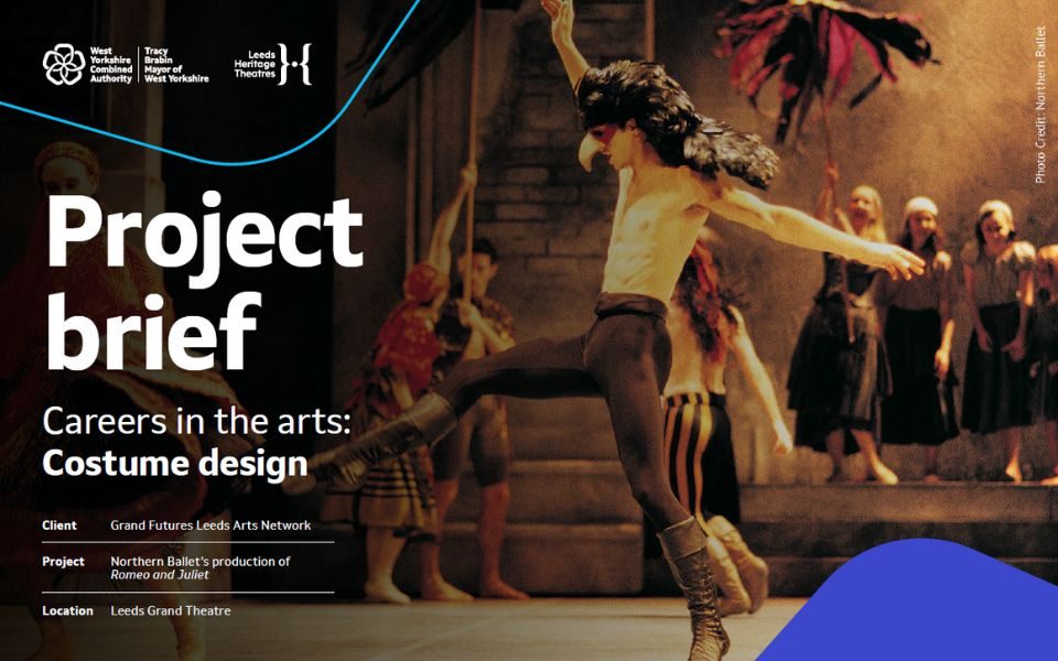 An image of a dancer with text reading 'Project brief: Careers in the arts: Costume design.