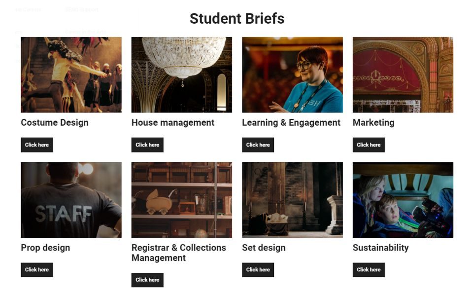 A screenshot of a menu of Student Briefs with eight options: Costume Design, House Management, Learning & Engagement, Marketing, Prop Design, Registrar & Collections Management, Set Design, and Sustainability.