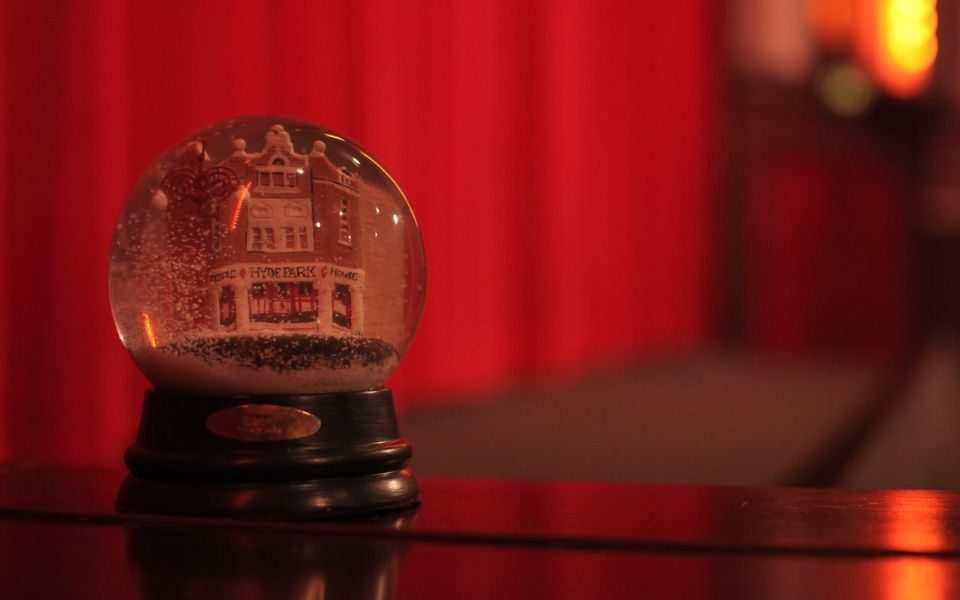 A snow globe of Hyde Park Picture House in the cinema's auditorium