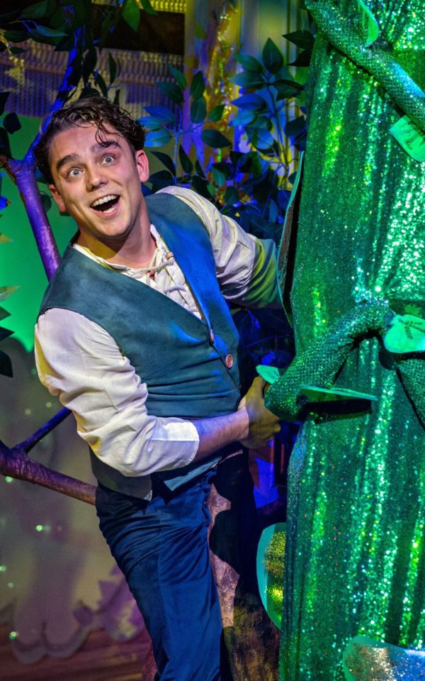 Excited-looking Harry F Brown as Jack climbing the panto beanstalk.