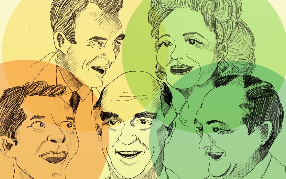 Five illustrated outlines of smiling faces against with a yellow, green and orange background.