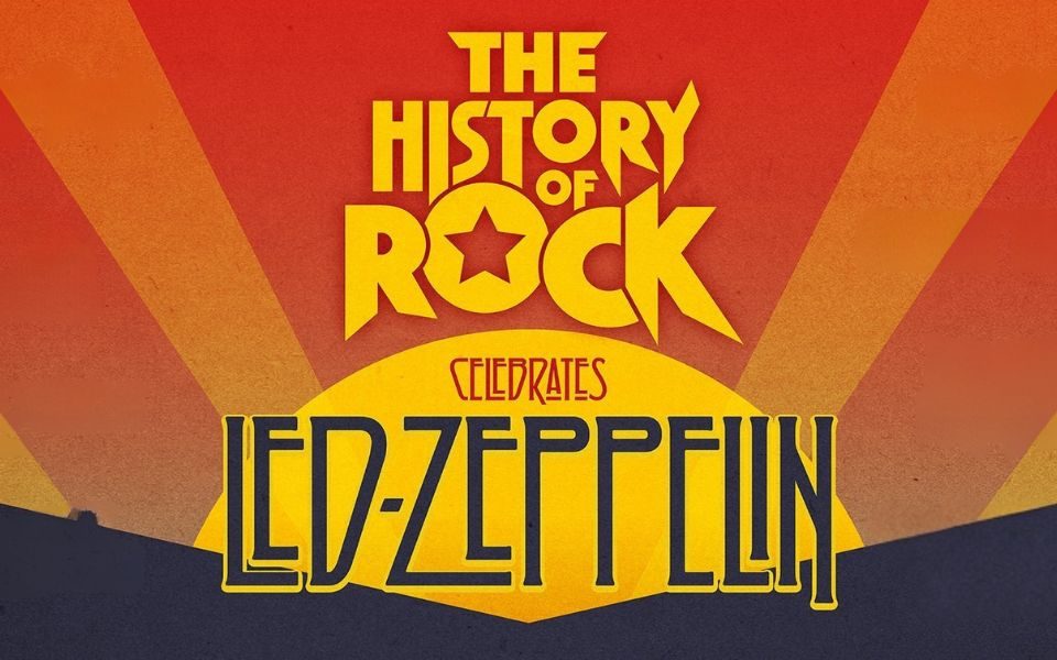 An illustration of a sunset with the words of The History of Rock celebrates Led Zeppelin.