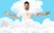 Jason Byrne Jason Byrne wearing all white with his arms out wide amongst cartoon clouds.