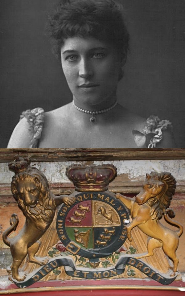 A collage of images. The top is a black and white image of Lillie Langtry. The bottom is a royal crest from City Varieties Music Hall.