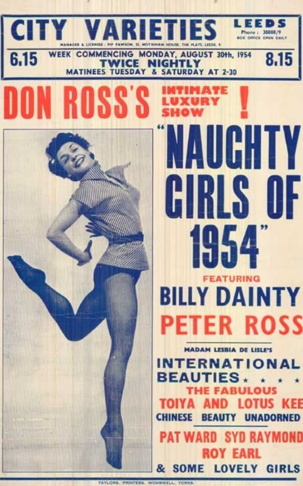 A promotional poster for 'Naught Girls of 1954', featuring a woman jumping into a dancing pose with her leg behind her.