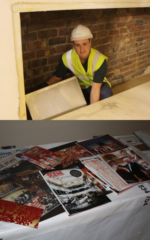 A collage of images. The top shows someone in a hard hat and hi-vis vest putting a large metal box into a wall cavity. The bottom shows a collection of pieces of City Varieties memorabilia.