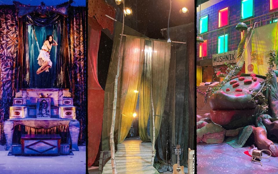 A collage of three photos of theatre sets, one with a suspended ballet dancer framed by painted drapes, one of translucent drapes above a drawbridge and one of a large puppet of Audrey II