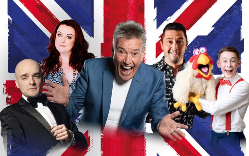 The stars of Rule Brit-Ha-Nnia in front of the Union Flag.