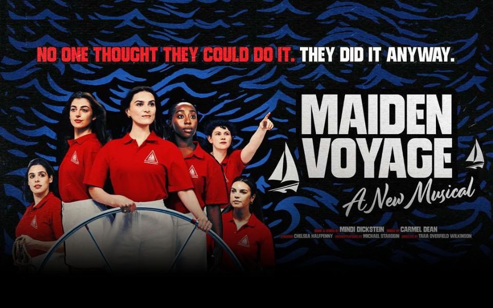 Promotional image for Maiden Voyage featuring the cast sailing at a ship's wheel/