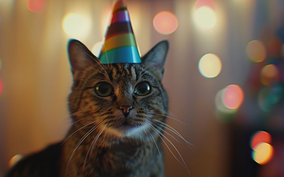 A tabby cat wearing a multi-coloured party hat, with blurred fairy lights visible behind it.