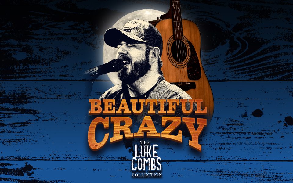 Wearing a trucker cap, Noel Boland sings into a microphone. Behind him is an acoustic guitar, a moon, and textured blue wooden panels. Text reads: Beautiful Crazy. The Luke Combs Collection.