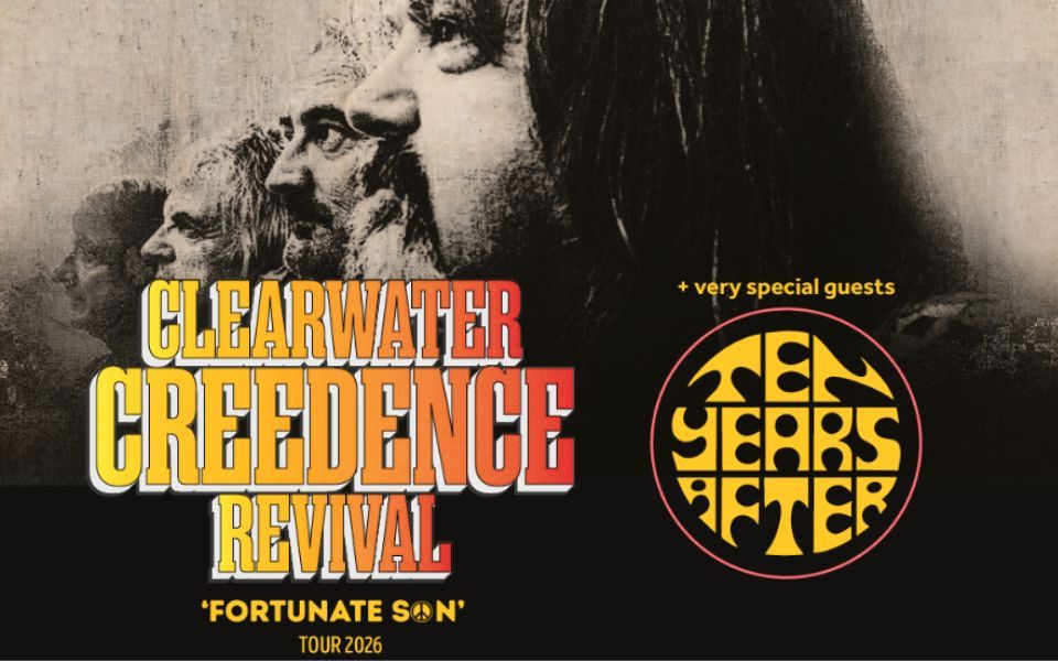 Grainy textured image of the faces of four men stood lined up in profile. Text reads: Clearwater Creedence Revival. Fortunate Son Tour 2026. Plus very special guests Ten Years After.