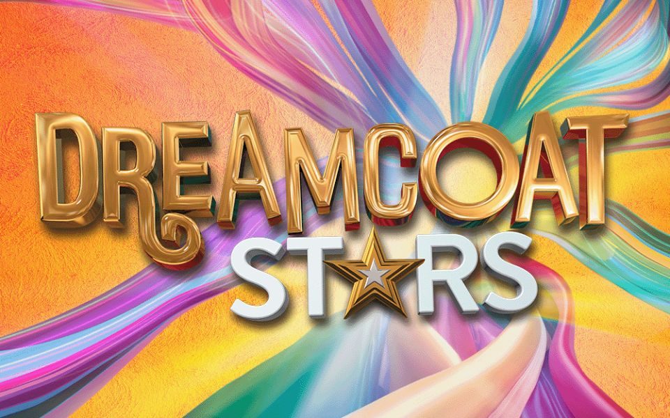 A swirling backdrop of technicolour ribbons surround golden text that reads: Dreamcoat Stars.