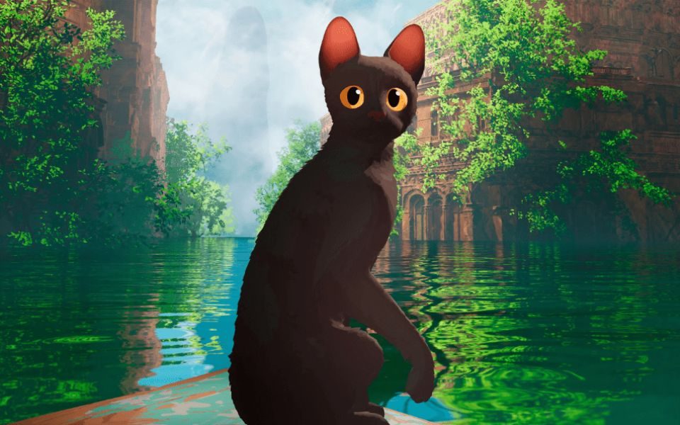 A black cat is in front of a luscious green jungle. The cat has yellow eyes.