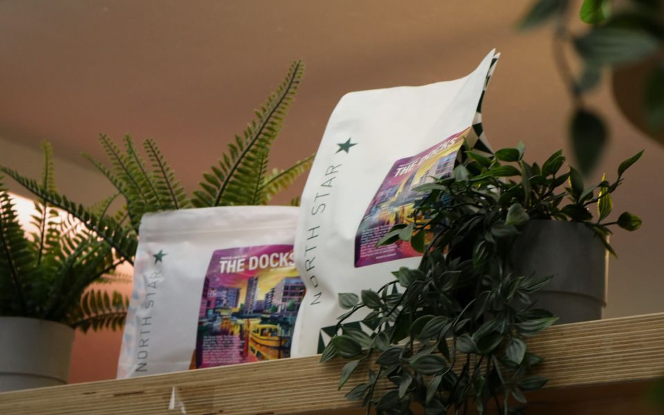 Bags of The Dockhouse coffee are displayed on a shelf surrounded by fake plants