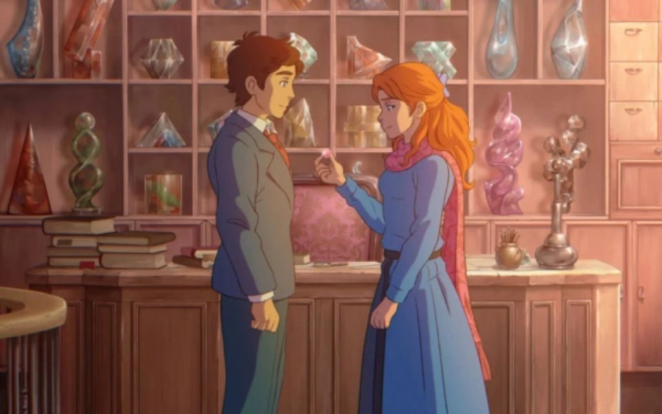 An animated still of a man and a woman facing each other in front of a cabinet filled with different coloured rocks and gemstones.