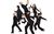 The Ukulele Orchestra of Great Britain Seven people in matching black suits strut around a plain white backdrop with exaggerated movements, some holding a ukulele .
