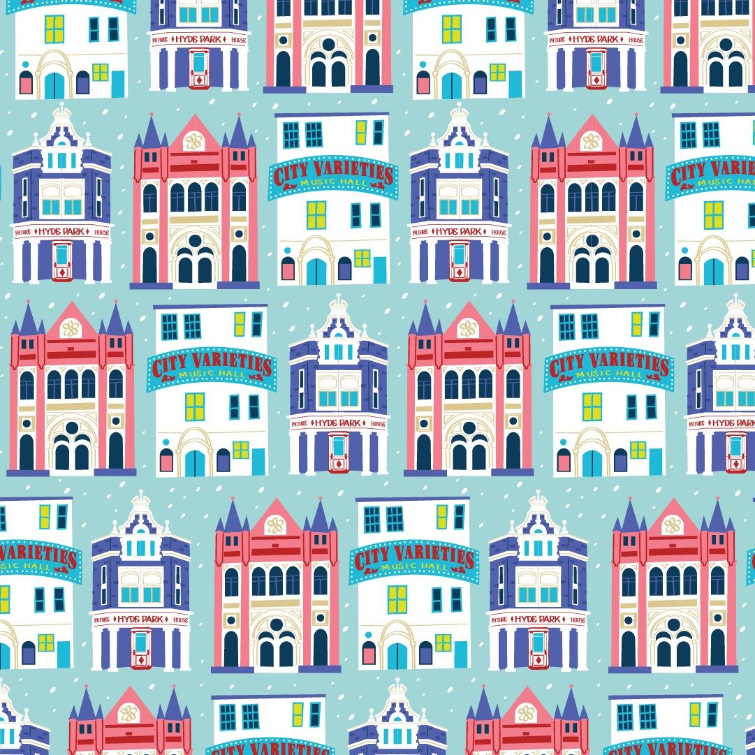 Colourful illustrations of Leeds Grand Theatre, City Varieties Music Hall and Hyde Park Picture House lined up in rows against a light blue background with snowflakes