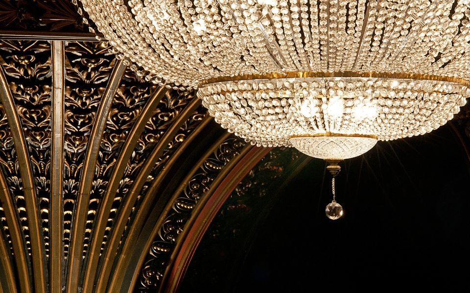 The antique Waterford crystal chandelier in the Leeds Grand Theatre auditorium.