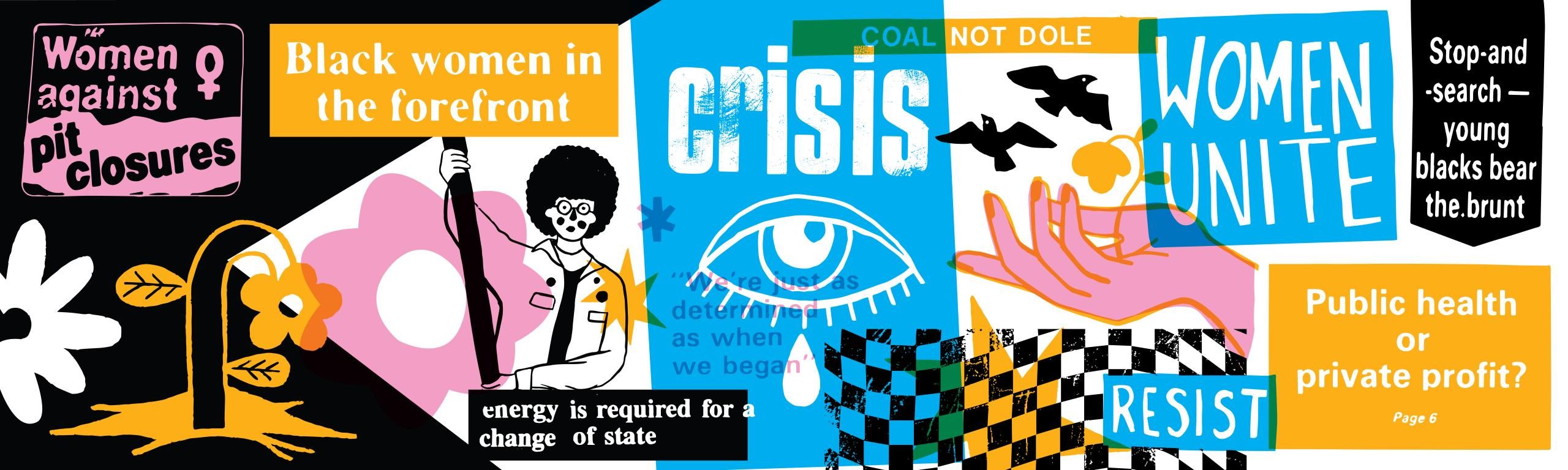 A collage of digital illustration, including images of protestors, flowers, and slogans.