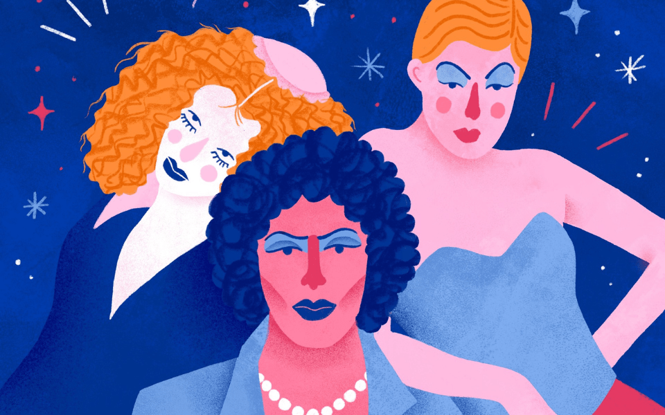 Colourful stylised illustration of three characters from The Rocky Horror Picture Show against a starry blue background