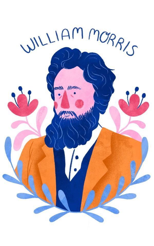 A cartoon, stylised illustration of a bearded man in a suit accompanied by flowers and text reading: William Morris.