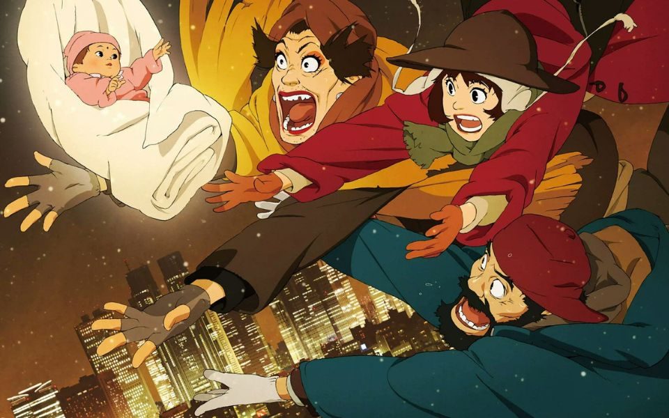 Animated image. Three characters in billowy coats and hats leap into frame with their arms outstretched to catch a small baby wrapped in a white towel. A glowing city skyline is in the background surrounded by snowflakes.