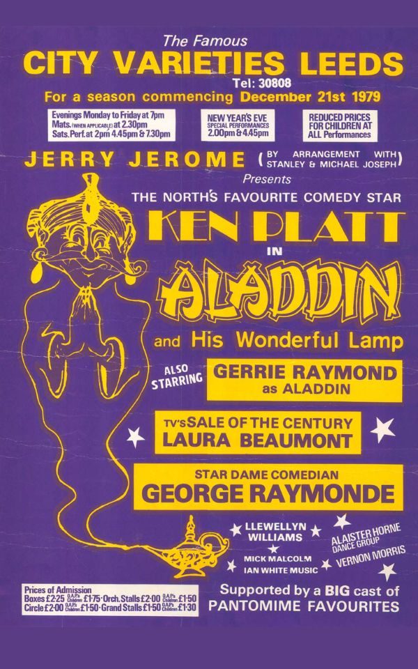 A poster for Aladdin and His Wonderful Lamp, 1979, showing an illustration of a genie in yellow against a purple background. Notably, Ken Platt is featured as top billing.