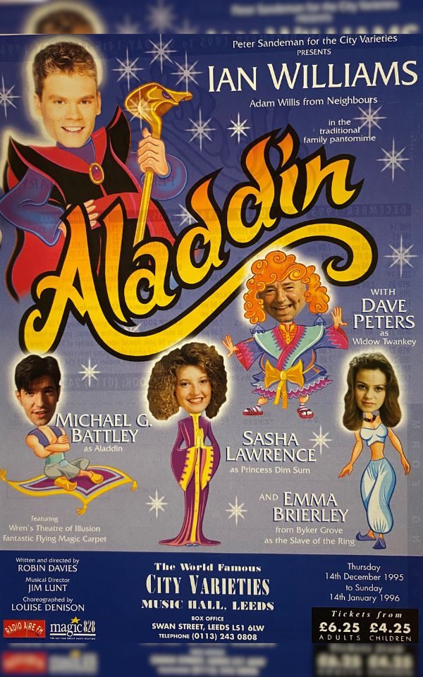A poster for Aladdin, 1995, showing a collage of cast headshots superimposed onto animated figured of the characters. Notably, Ian Williams from Neighbours is featured as top billing.