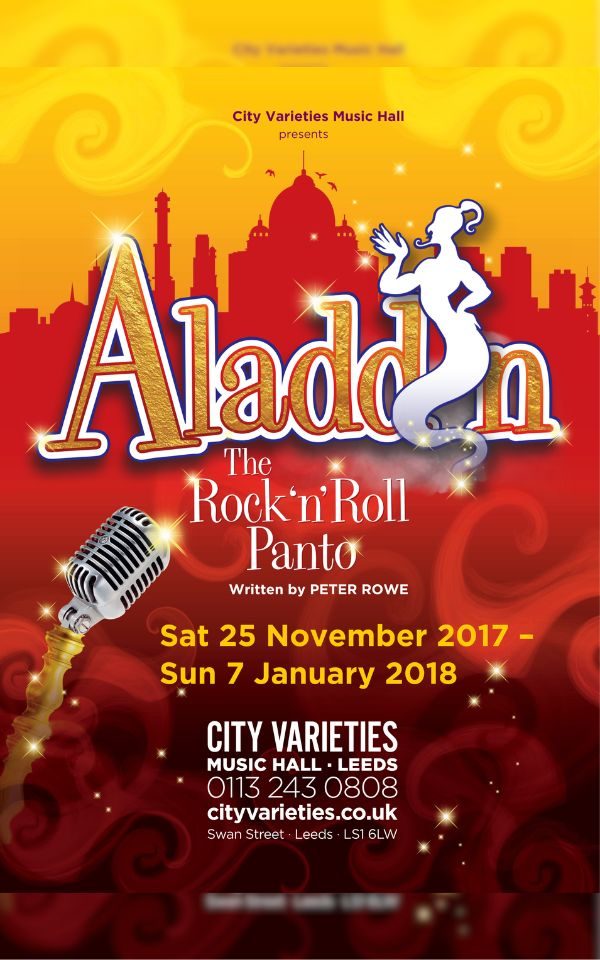 A poster for Aladdin: The Rock 'n' Roll Panto, 2017, showing a deep red city landscape, with a genie appearing over the title of the show, and a vintage microphone in the bottom corner