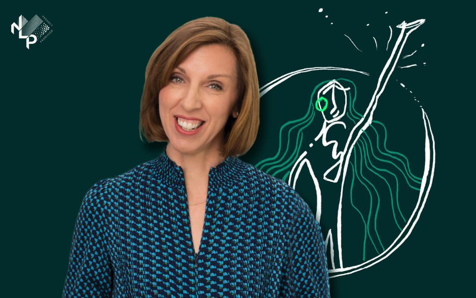 Dr Louise Newson smiles in a patterned blowse in front of a dark green backdrop and illustrated logo of a woman reaching out from a bubble.