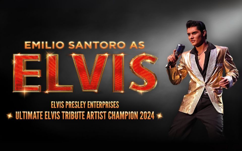 Emilio Santoro performs as Elvis into a microphone, wearing a gold jacket and black shirt with open neckline. Red and gold text reads: Emilio Santoro as Elvis. Elvis Presley Enterprises Ultimate Tribute Artist Champion 2024.