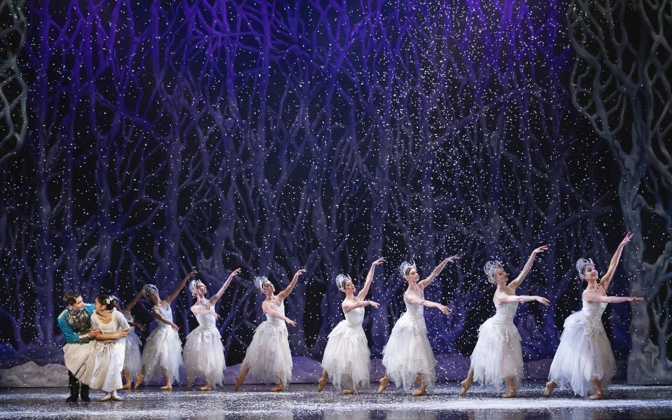 A line of ballet dancers against a woodland background in identical poses with their arms elegantly outstretched. They wear white dresses as snow falls around them. Clara and The Nutcracker crouch down at the end of the line.