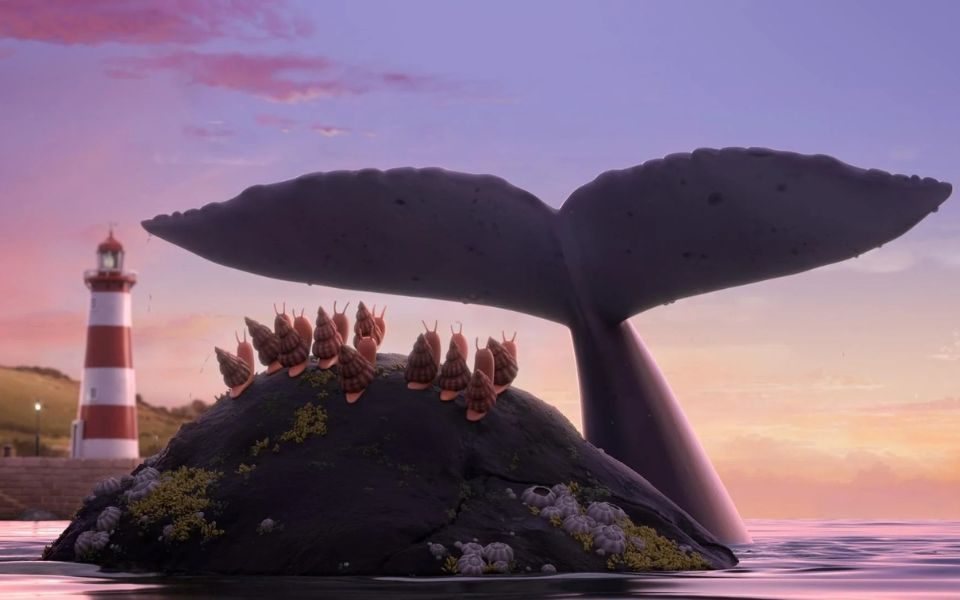 A family of snails perch on the crest of a barnacle-covered rock, facing a lighthouse and a whale's tail emerging from the water.