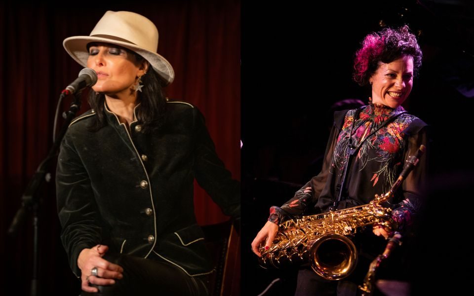 On the left, image of Jo Harrop singing into a microphone on-stage. On the right, image of Hannah Horton smiling candidly and playing a saxophone.