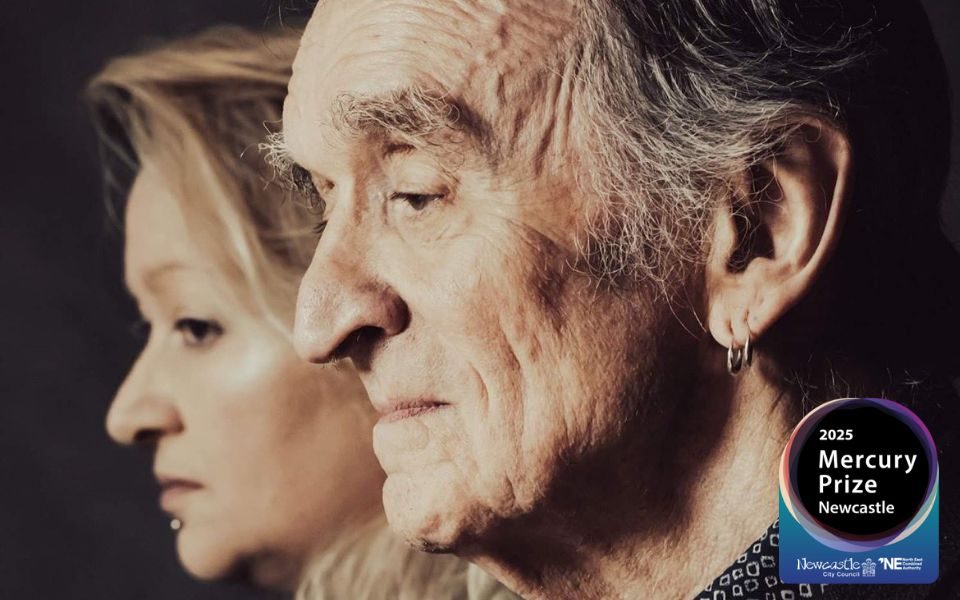Martin Carthy and Eliza Carthy stand alongside each other in profile, holding neutral expressions under dramatic lighting. 2025 Mercury Prize Newcastle logo in bottom right.