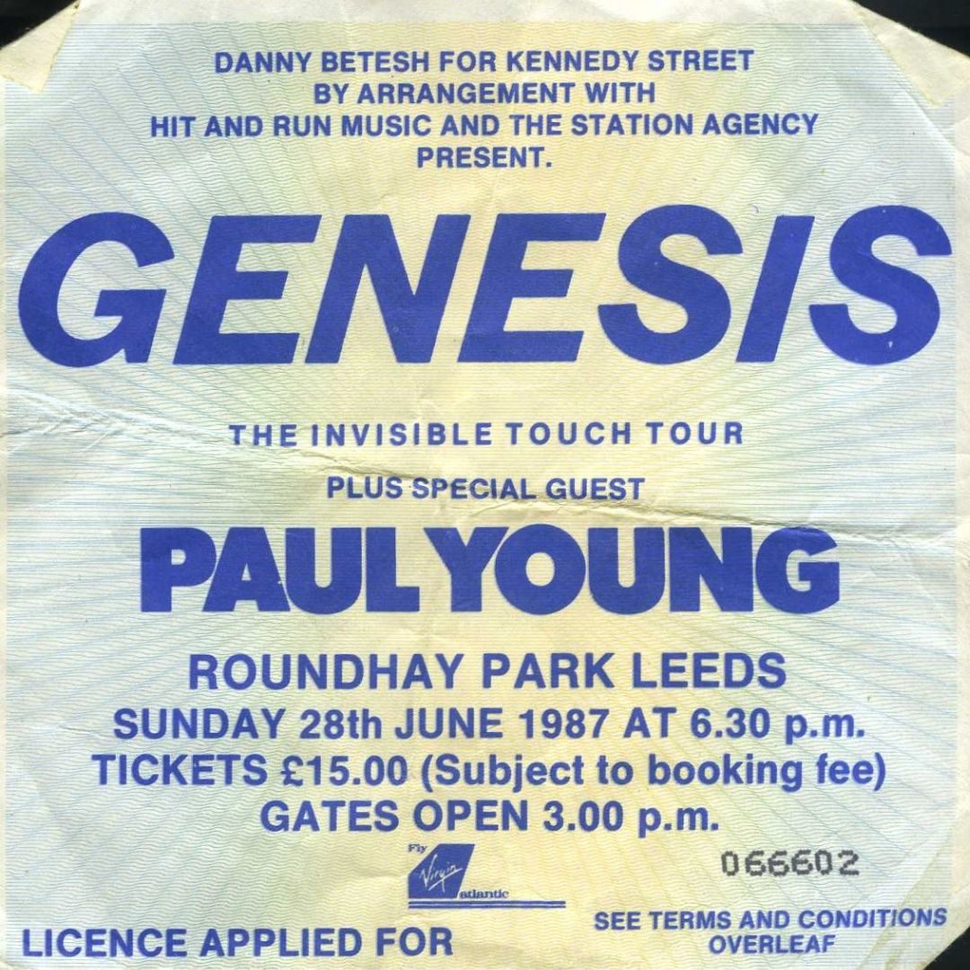 Paper ticket stub, blue text reads: Genesis. The Invisible Touch Tour. Plus Special Guest Paul Young. Roundhay Park Leeds. Sunday 28th June 1987 at 6.30pm.