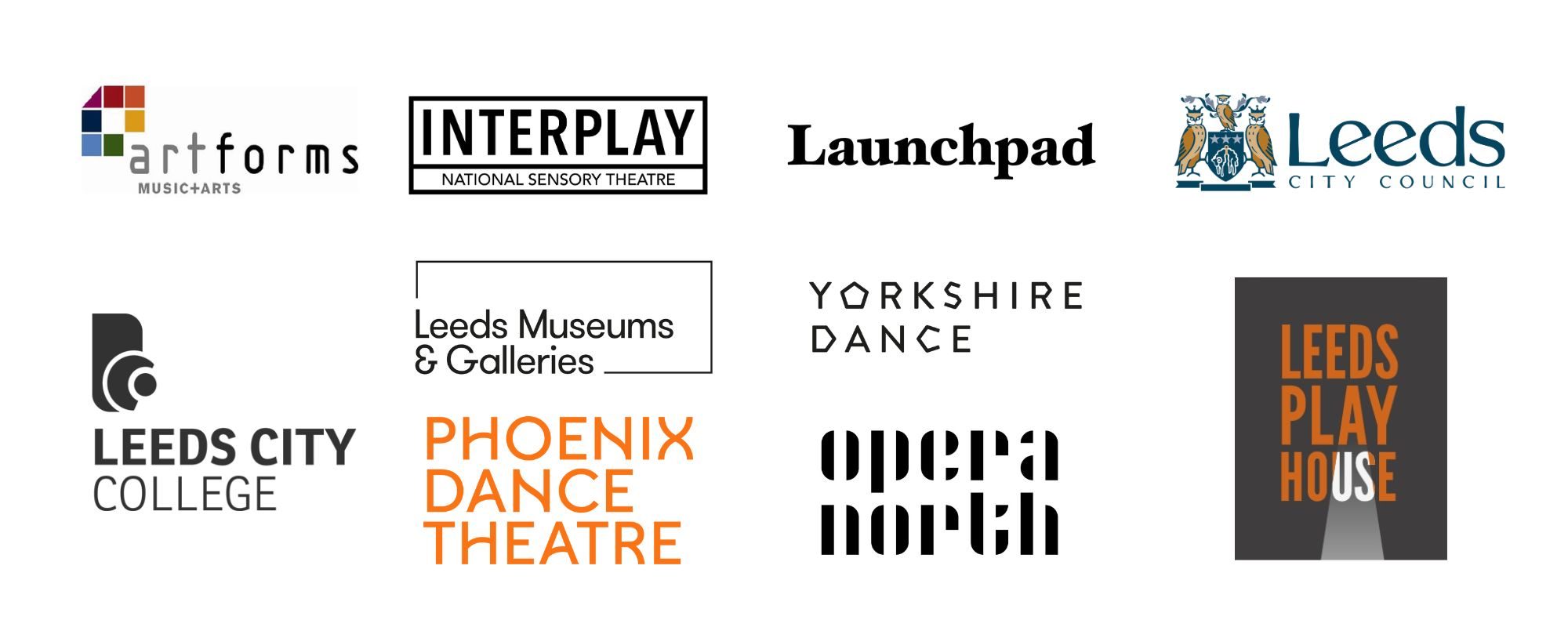 Series of logos: Artforms Music and Arts; Interplay National Sensory Theatre; Launchpad; Leeds City Council; Leeds City College; Leeds Museums & Galleries; Yorkshire Dance; Leeds Playhouse; Phoenix Dance Theatre; and Opera North.