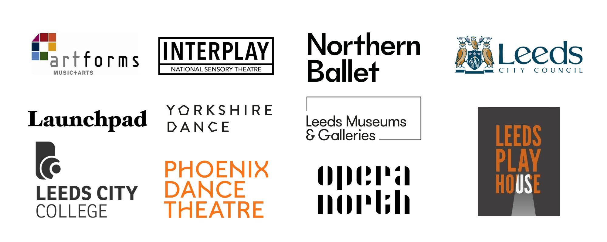Series of logos: Artforms Music and Arts; Interplay National Sensory Theatre; Launchpad; Leeds City Council; Leeds City College; Leeds Museums & Galleries; Yorkshire Dance; Leeds Playhouse; Phoenix Dance Theatre; and Opera North.