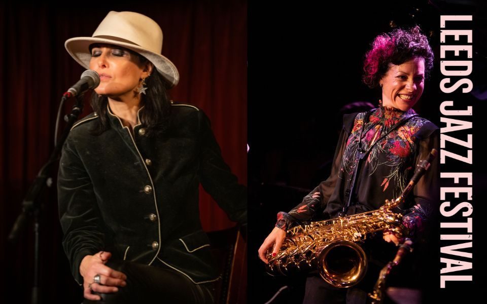 On the left, image of Jo Harrop singing into a microphone on-stage. On the right, image of Hannah Horton smiling candidly and playing a saxophone. Text reads: Leeds Jazz Festival.