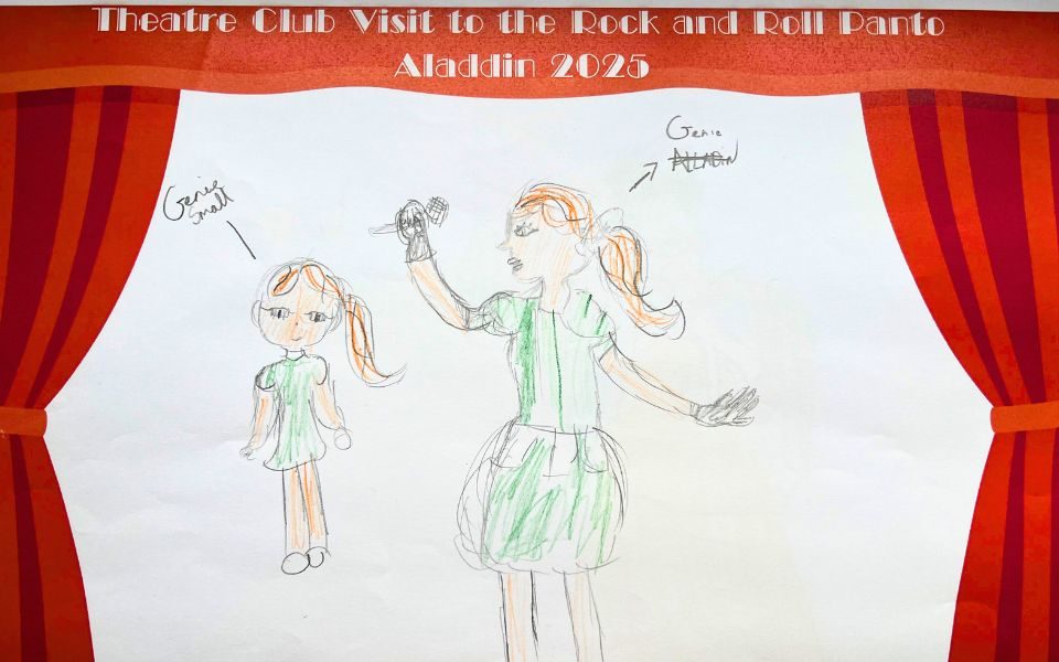 A drawing in colour pencil of characters in a green dress - one labelled 'Genie Small' and one labelled 'Genie'. A border of red stage curtains reads 'Theatre Club Visit to the Rock and Roll Panto Aladdin 2025'