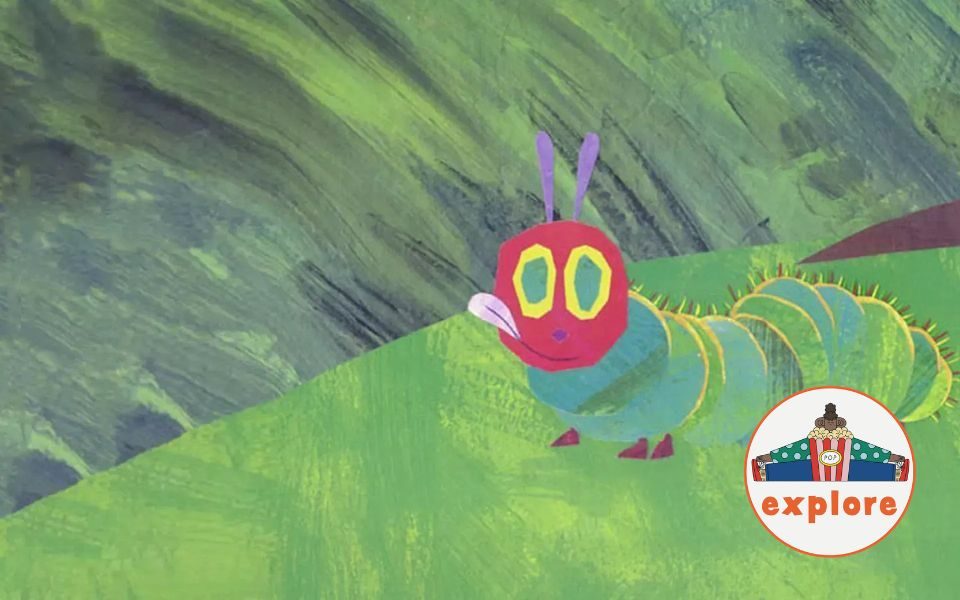 Animated, collage-style still. The Very Hungry Caterpillar sits on a leaf, with its tongue stuck out. In the bottom right corner, a roundel featuring a playful illustration of a person sat peering over a bucket of popcorn, on the word 'explore'.
